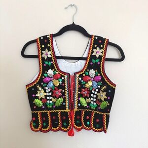 VTG Polish European Black Velvet Beaded Sequins Polk Vest German Oktoberfest